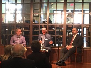 On Nov. 29, 2018, at a Burness program on "Local News and Democracy," Dave Krieger, Andy Burness (moderator) and Nicco Mele (left to right) lead the discussion at Busboys and Poets in the NoMa neighborhood. (Photo by Jonathan Make)