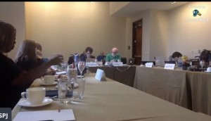 At the end of the square table, facing the camera, are new National SPJ President Patti Gallagher Newberry on the left, and President-Elect Matt Hall on the right. (Screen grab by Jonathan Make)